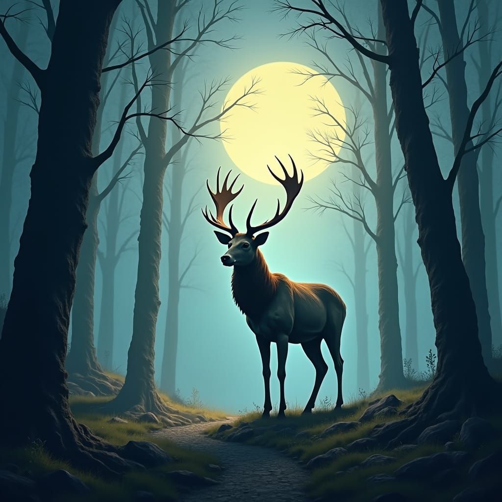 Mystical Stag in Moonlit Forest, Digital Painting