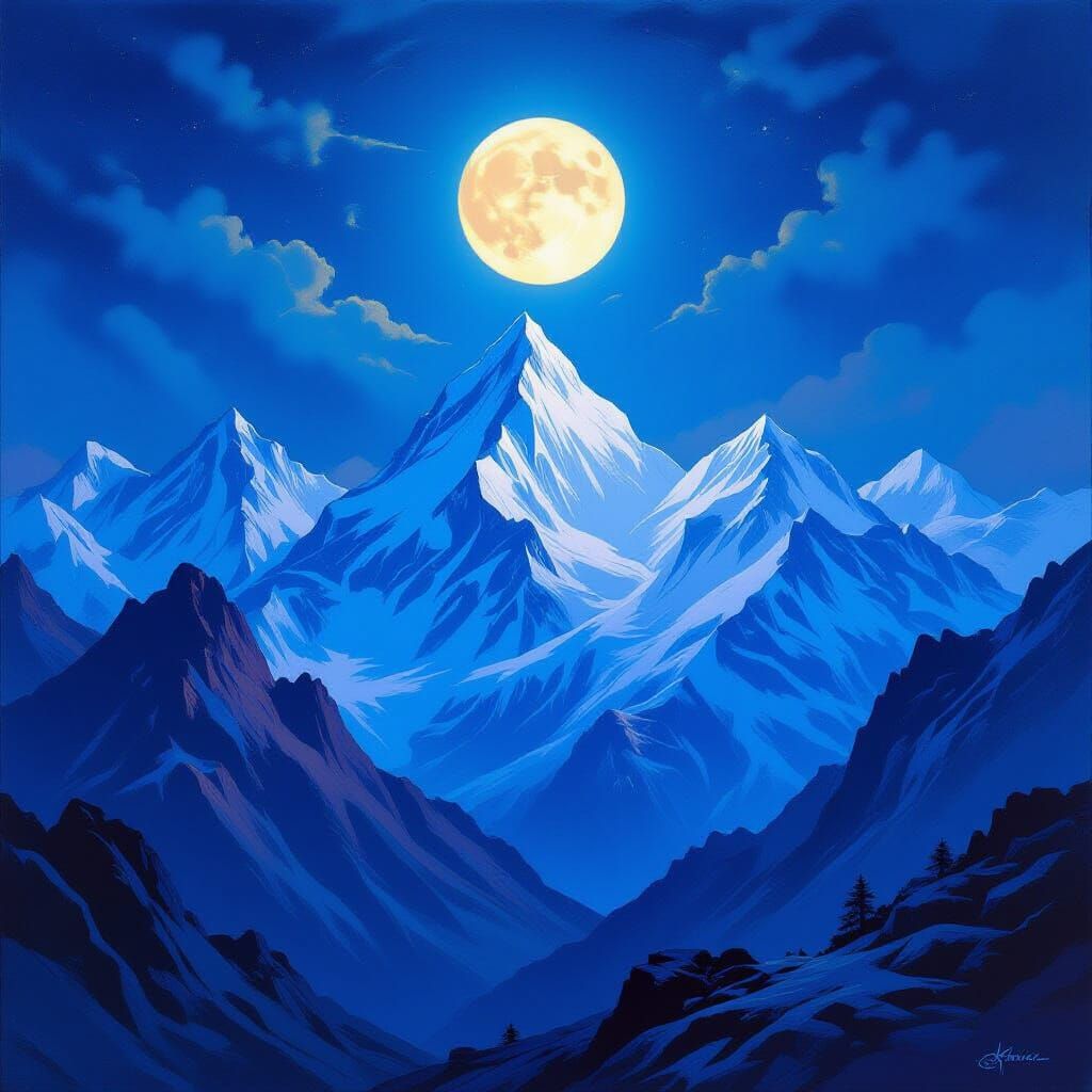 Moonlit Mountain Landscape in Roerich Style