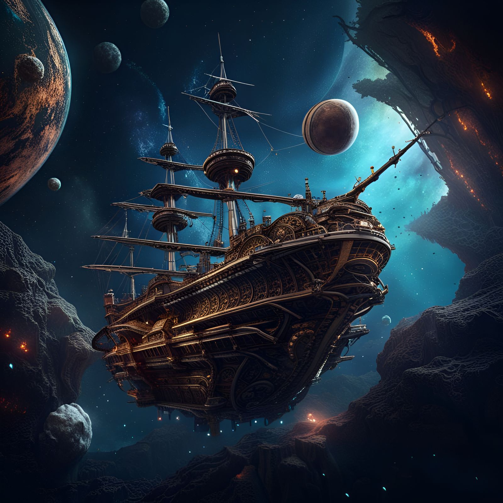 Pirate Ship Soaring Through Space: Detailed Matte Painting