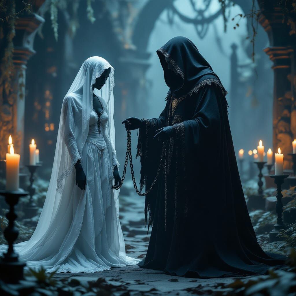 Necromancer Binds Ghostly Lover in Gothic Scene