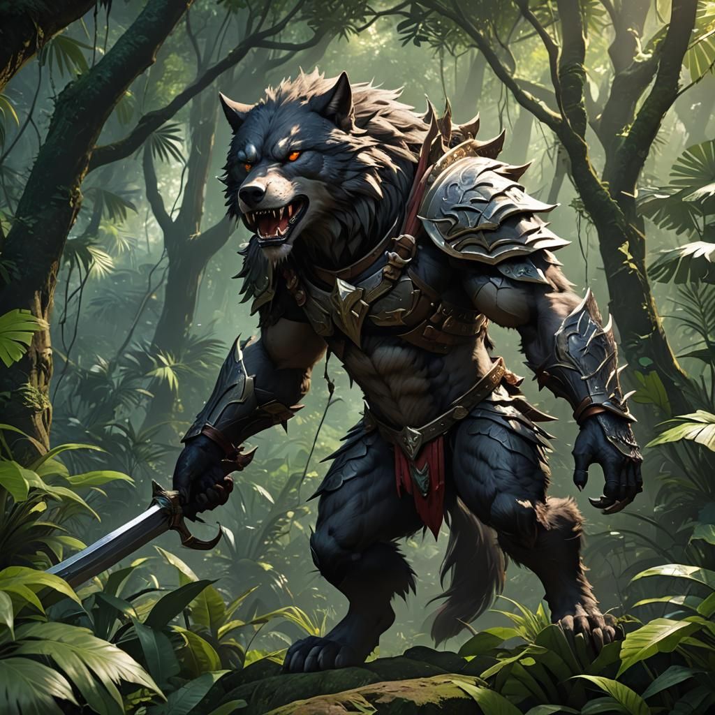 Warrior Werewolf in Jungle: Detailed 3D Anime Art