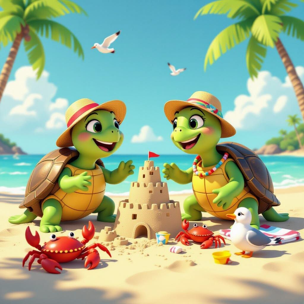 Joyful Beach Day with Cheerful Animal Friends in 3D