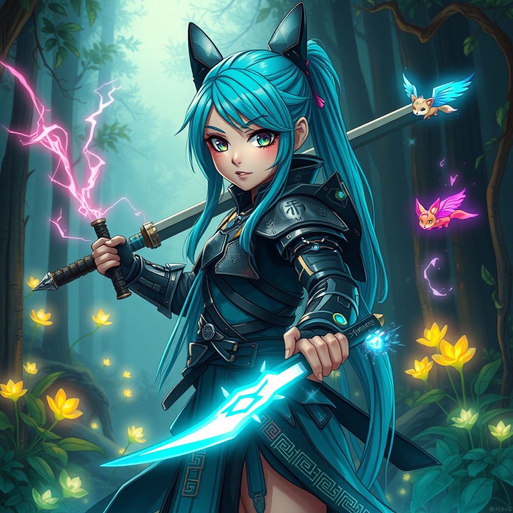 Futuristic Samurai Warrior in Mystical Forest