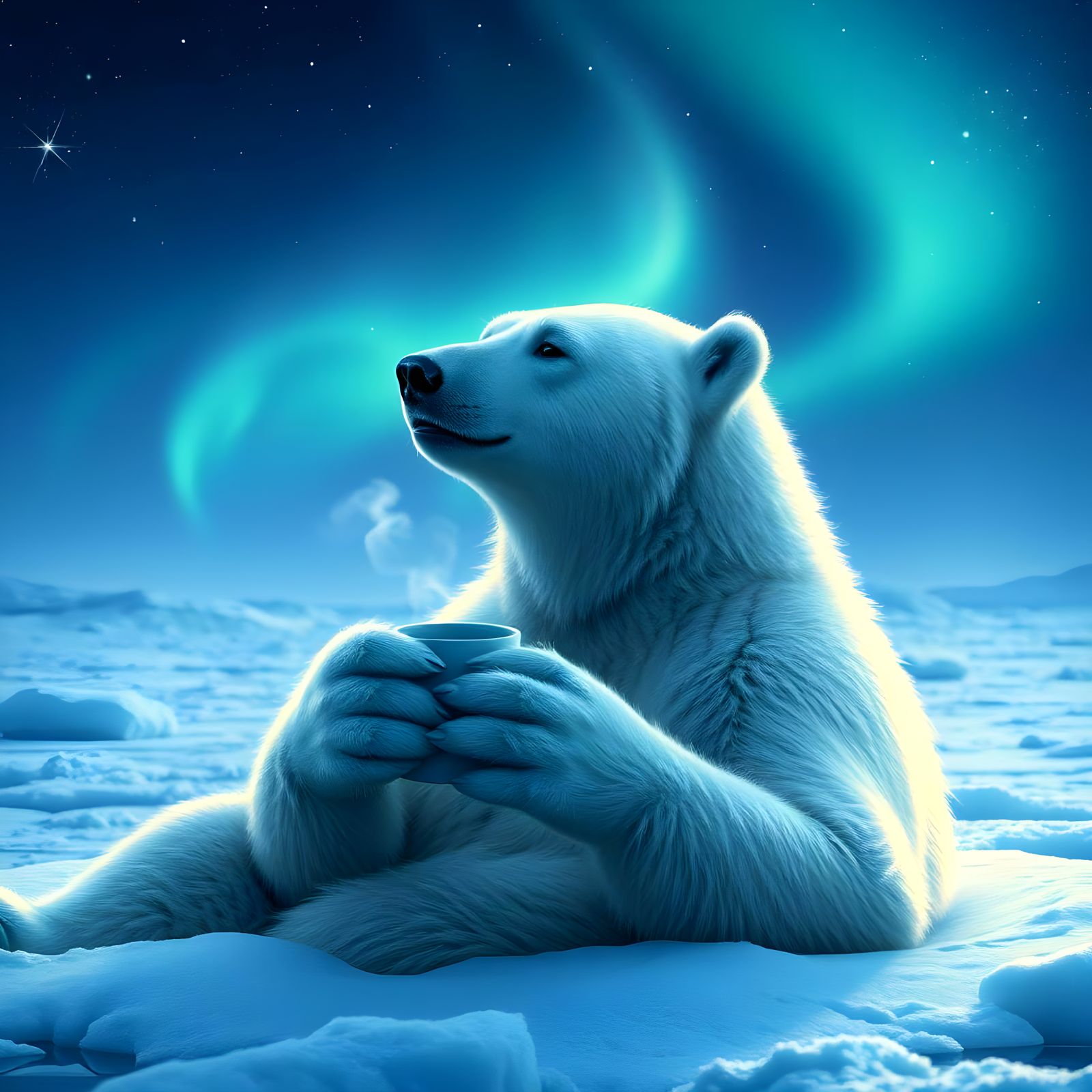 Polar Bear Sips Coffee Under the Starry Night Sky