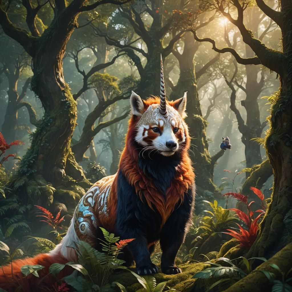 Unicorn and Red Panda in Lush Forest