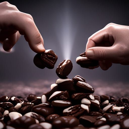 Hands Scooping Chocolate Covered Nuts, Detailed Matte Painti...