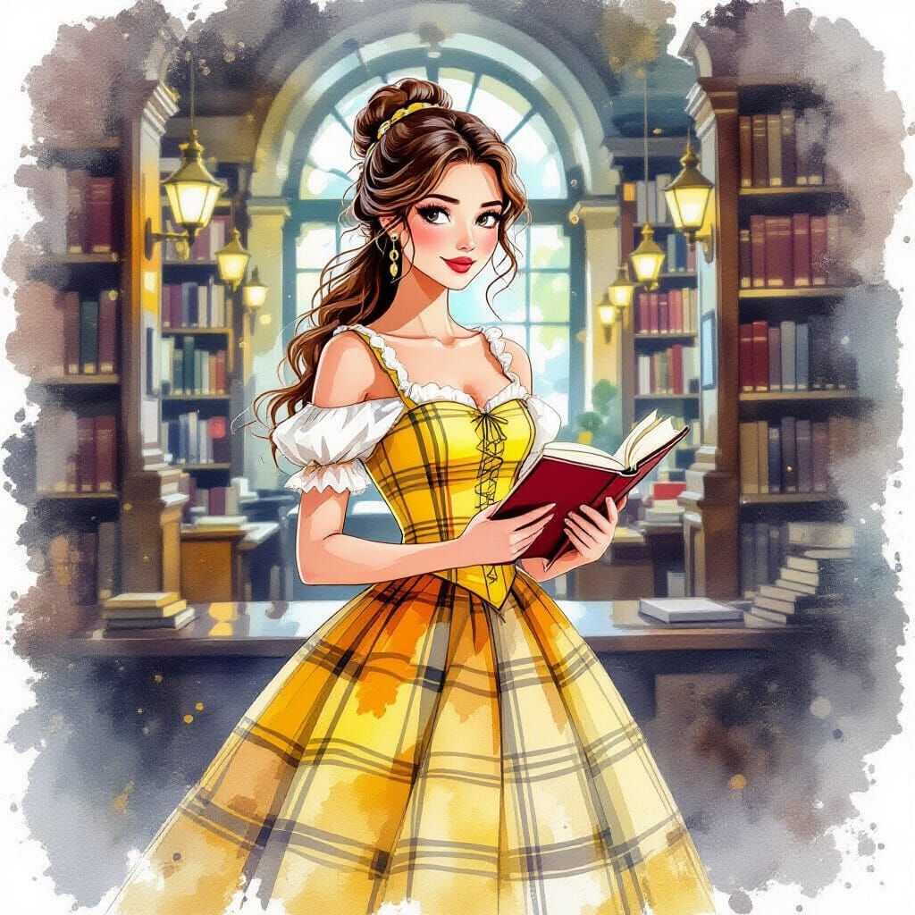 Belle as Librarian in Watercolor Alcohol Ink Splatter Style