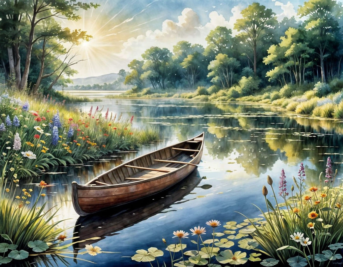 Vibrant Summer Watercolor Scene with Wildflowers and Canoe