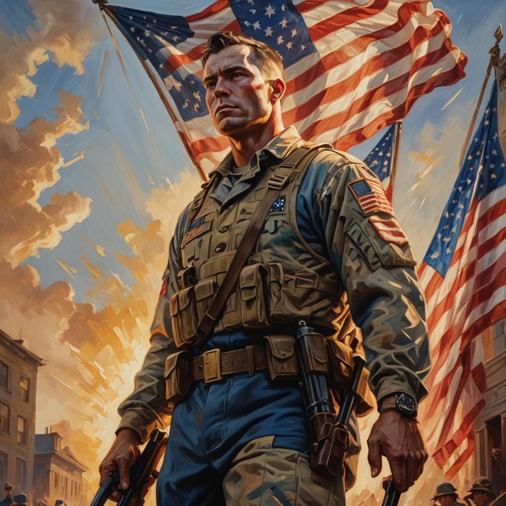 Patriotic Soldier with American Flag: Oil Painting