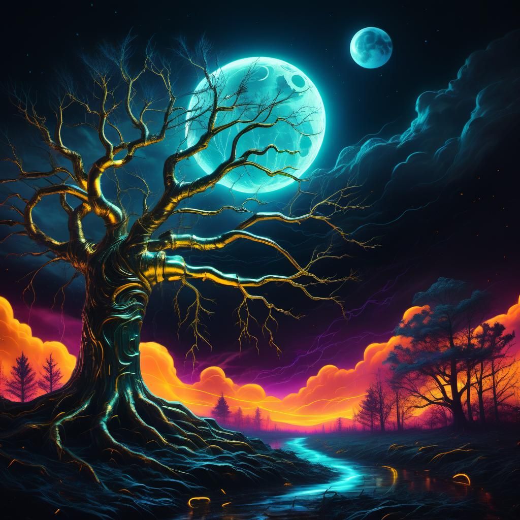 Surreal Neon Horror: Glowing Tree in Storm