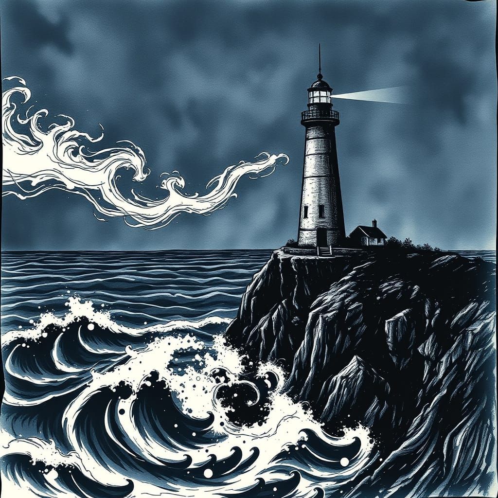 Ink Beam Lighthouse on Wet Paper Ocean