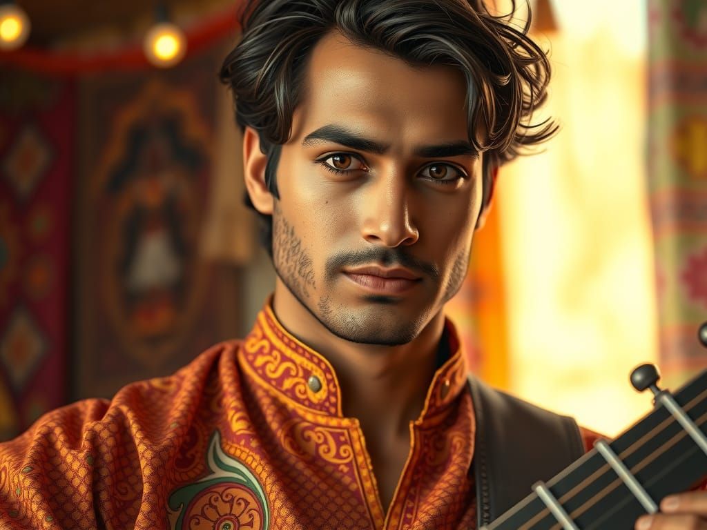 Soulful South Asian Musician in Vibrant Kurta, Holding Sitar