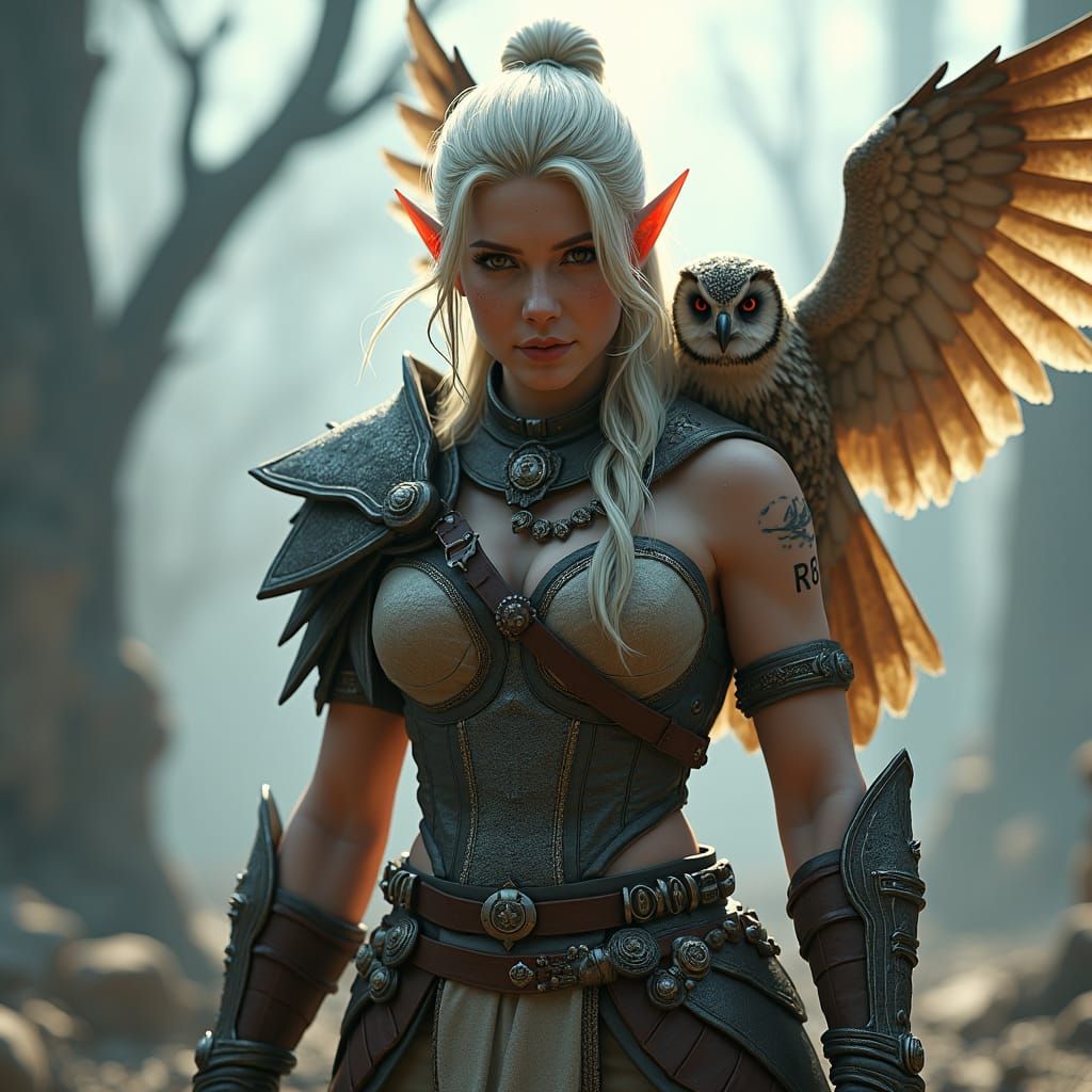 Elf Warrior and Owl in War-torn Realm