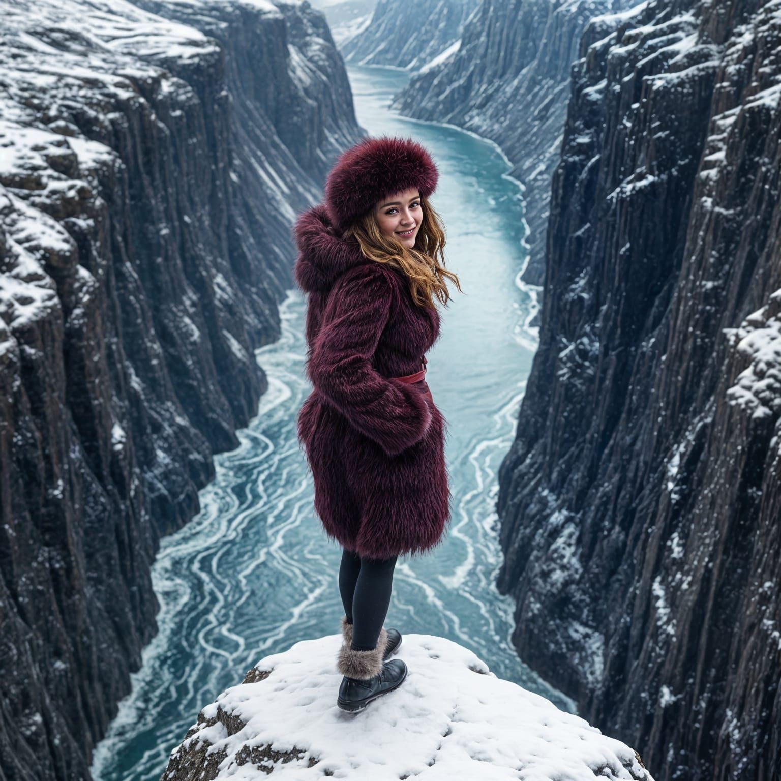 Ethereal Woman Embarks in Majestic Norwegian Fjord Landscape