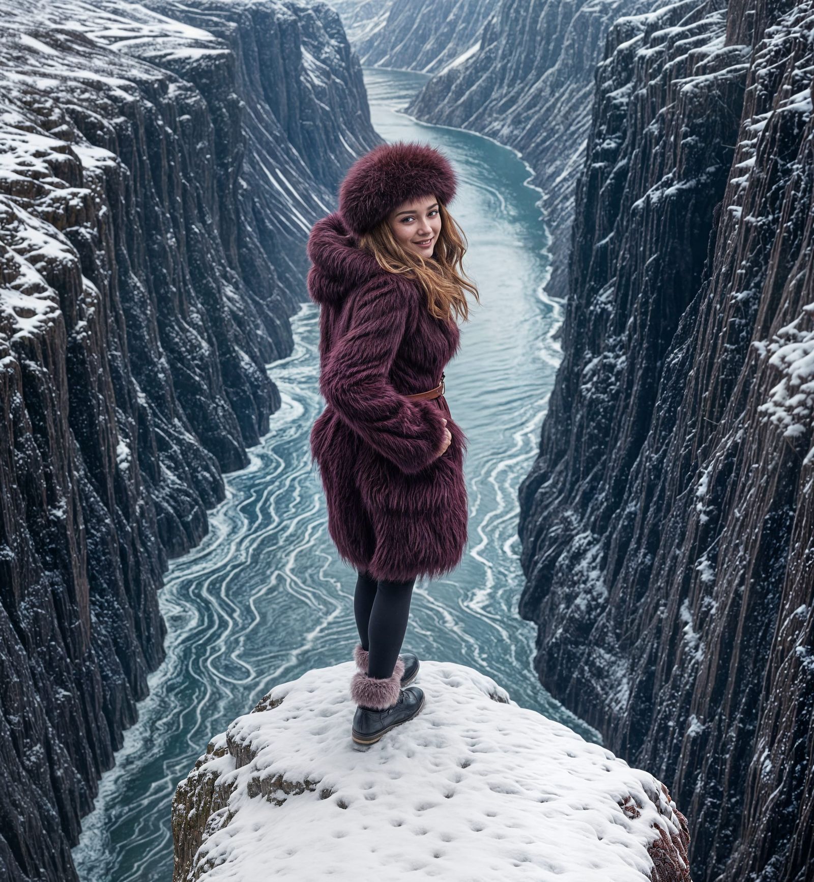 Confident Woman at Fjord's Edge in Hyperrealistic Style