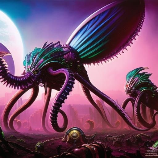 Aetherpunk Alien Hive Queen Gladiator with Neon Tentacles