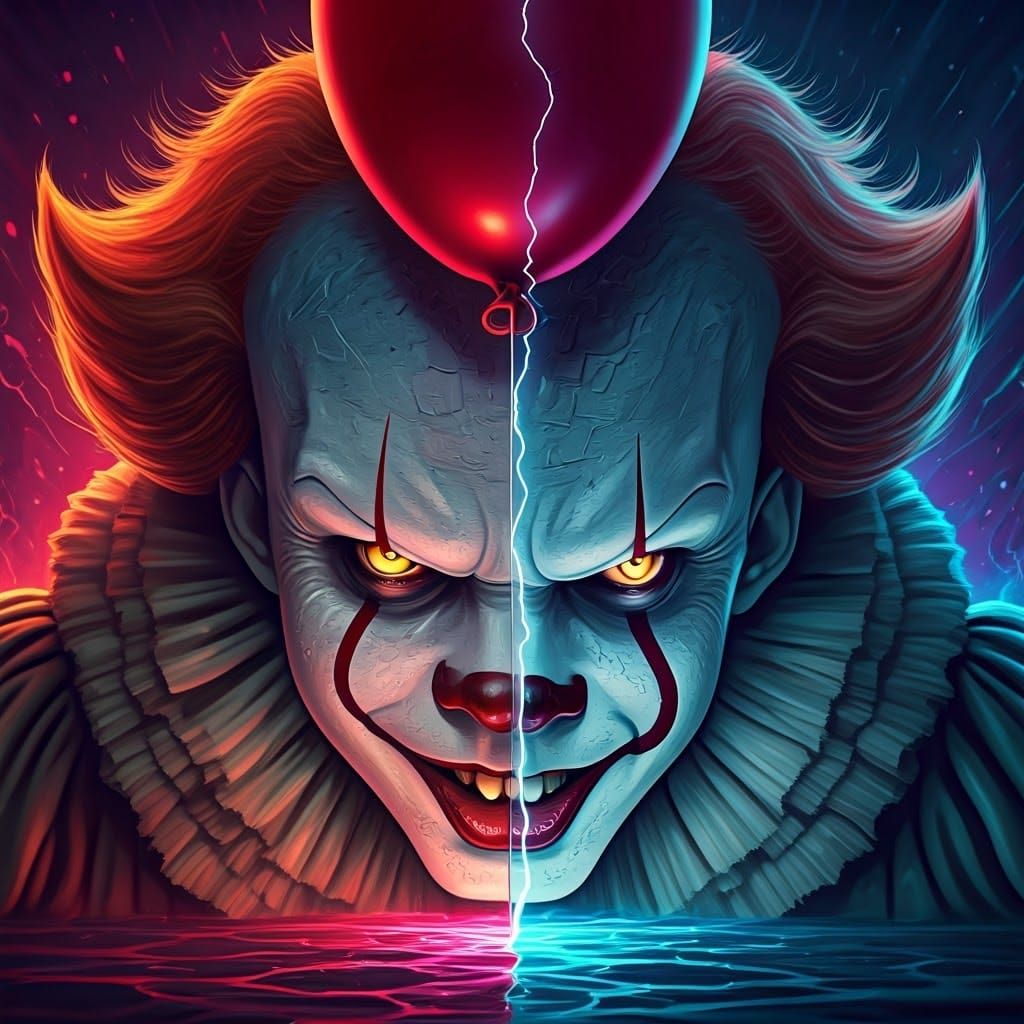 Two Pennywises in a Surreal Neon Vortex