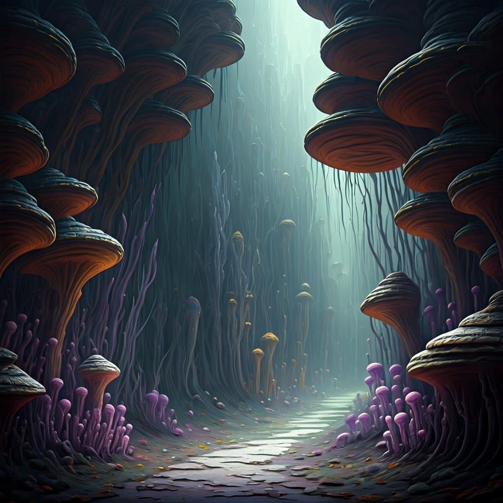 Sombre Fantasy Landscape with Fungal Growths