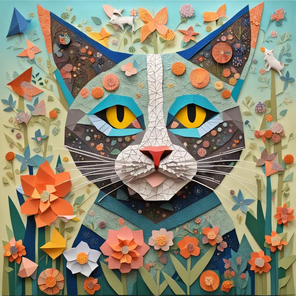 Whimsical Cat in Springtime Folk Art