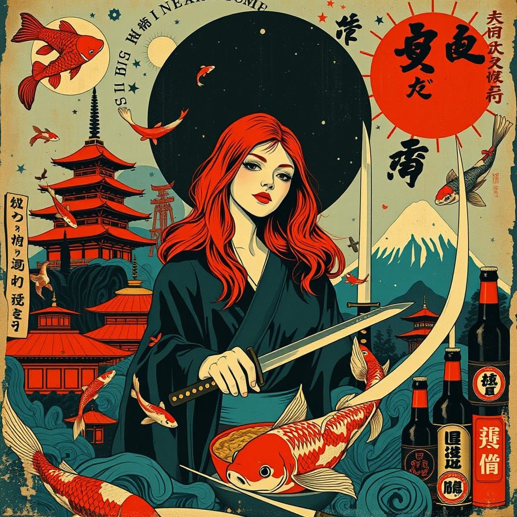 Redhead Woman in Surreal Japanese Noir Collage
