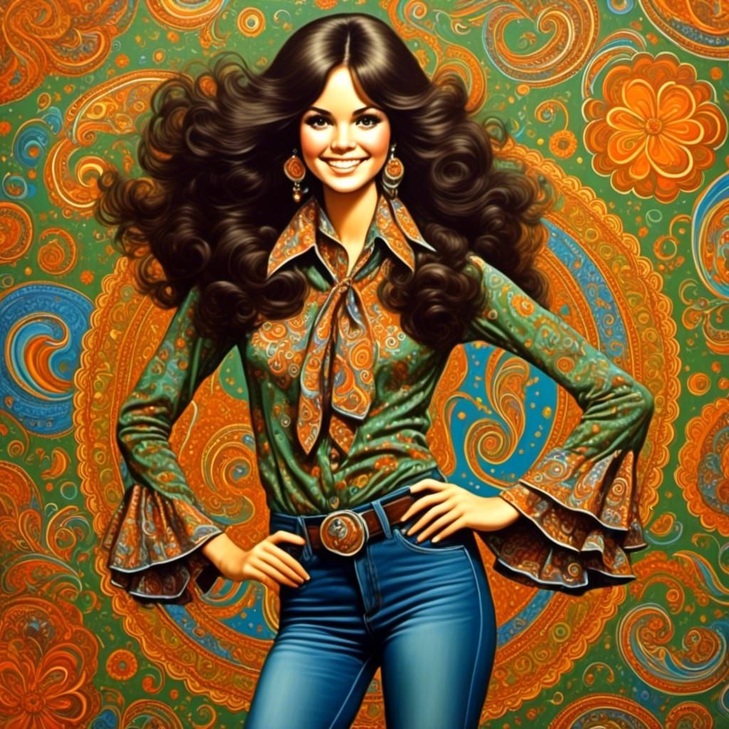 1970s Woman in Paisley and Bell Bottoms