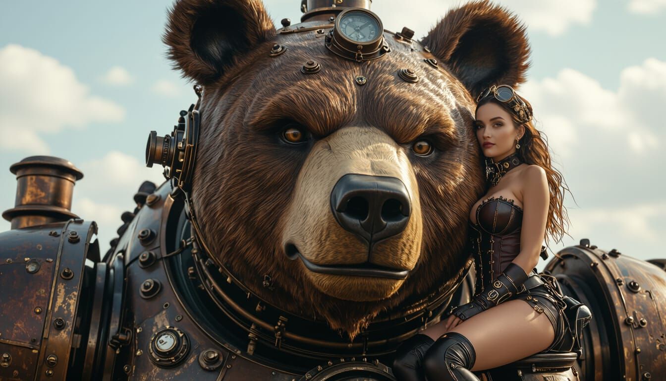 Steampunk Robotic Bear Portrait with Woman Rider