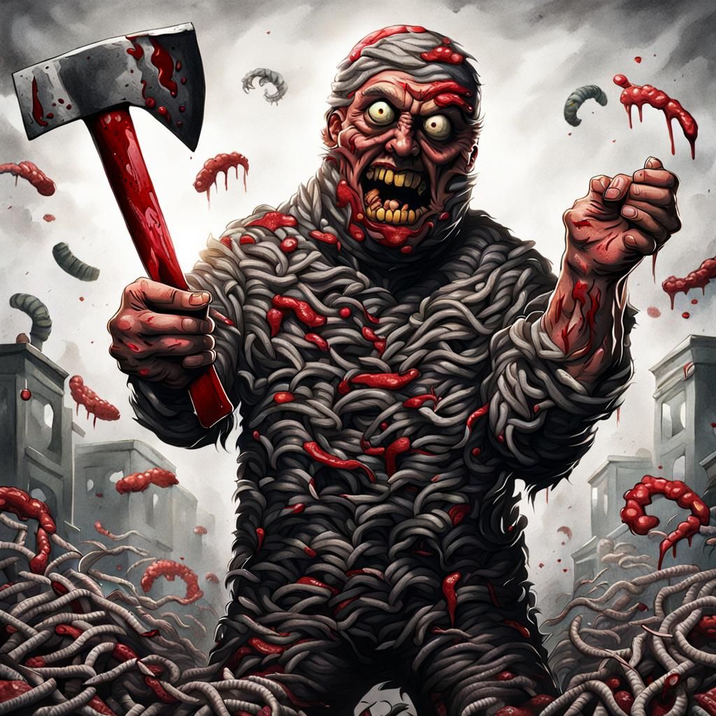 Horrifying Worm Man with Bloody Hatchet