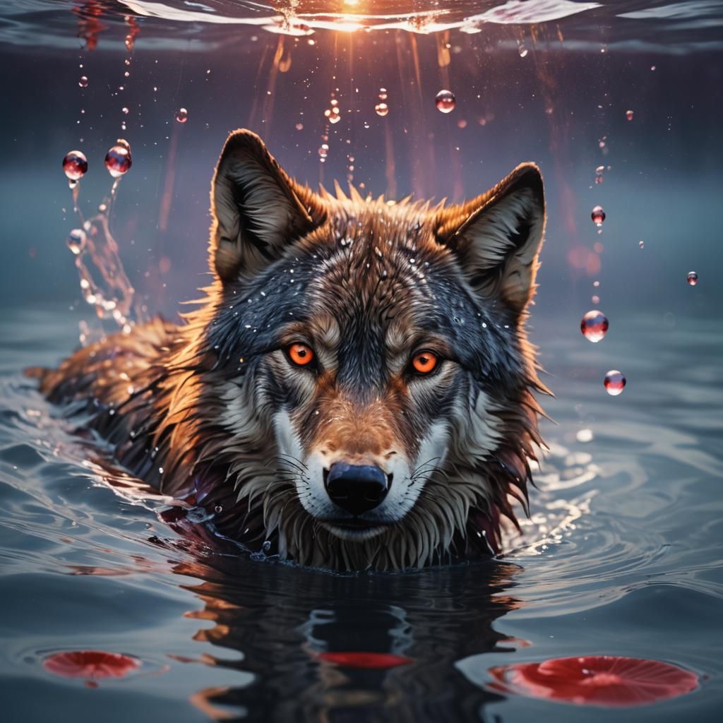 Red-Eyed Wolf in Water: Fantasy Concept Art