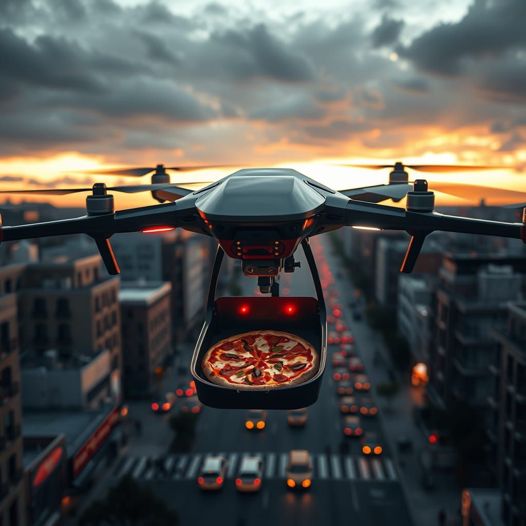 Sleek Drone Delivers Pizza in Sunset Glow