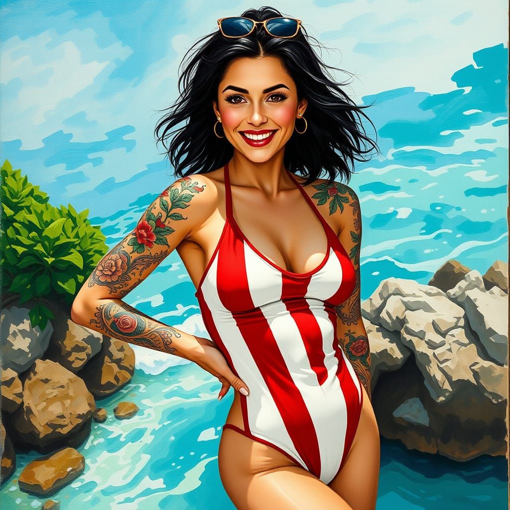 Confident Brunette Woman in Vibrant Swimwear, Inspired by Im...