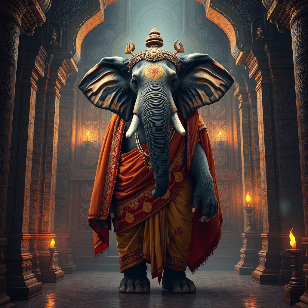 Majestic Elephant-Human Hybrid in Ancient Temple