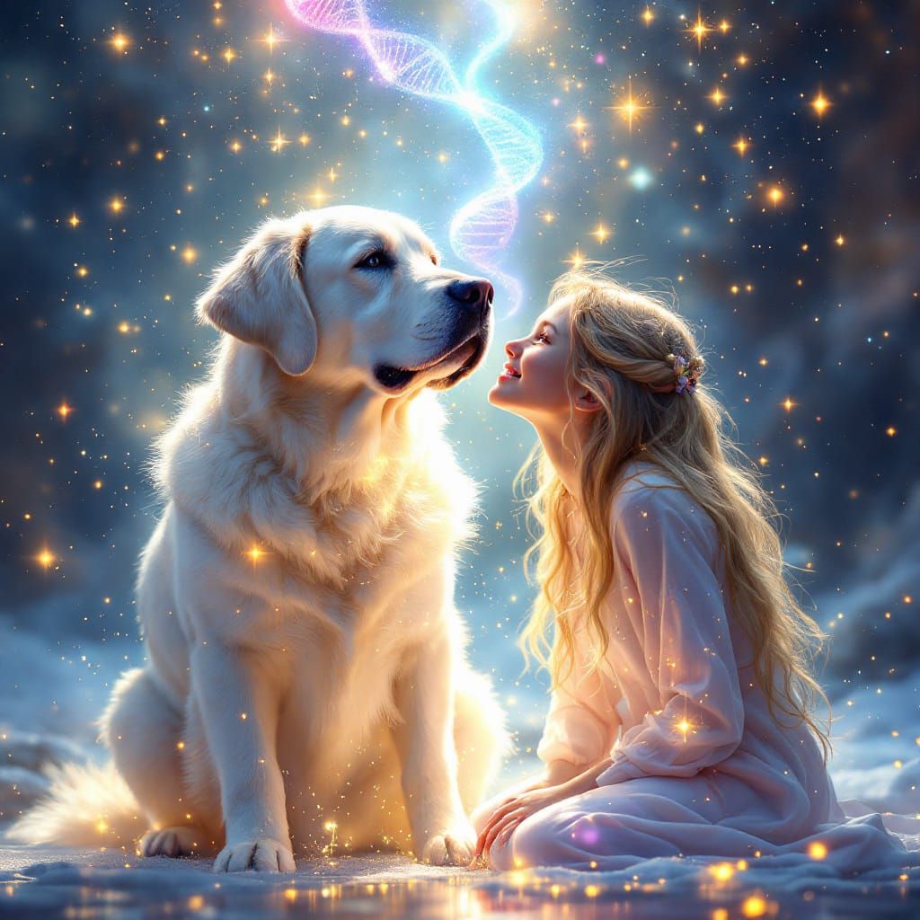 Labrador and Girl in Cosmic Dreamscape