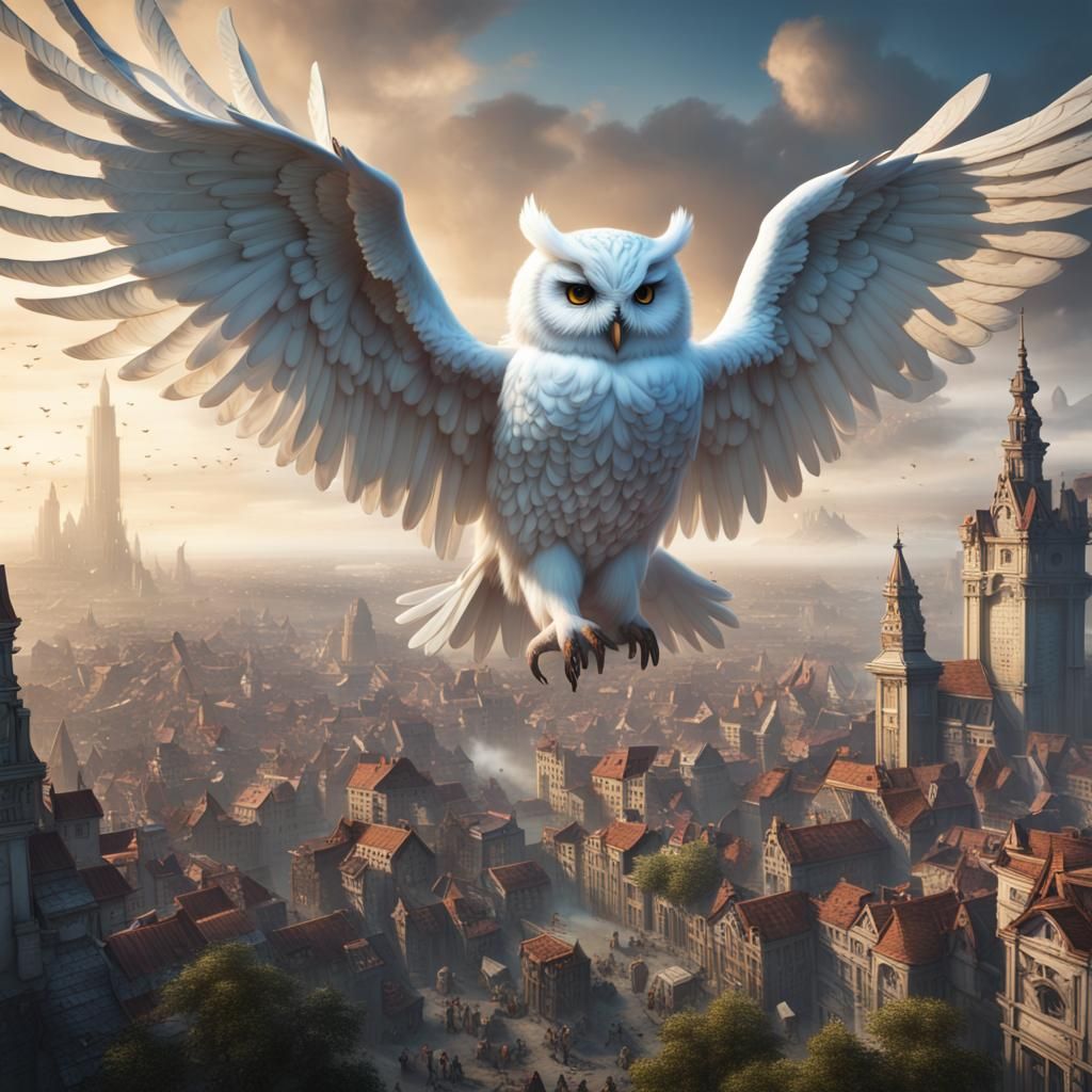 Giant Snow Owl Towers Over City