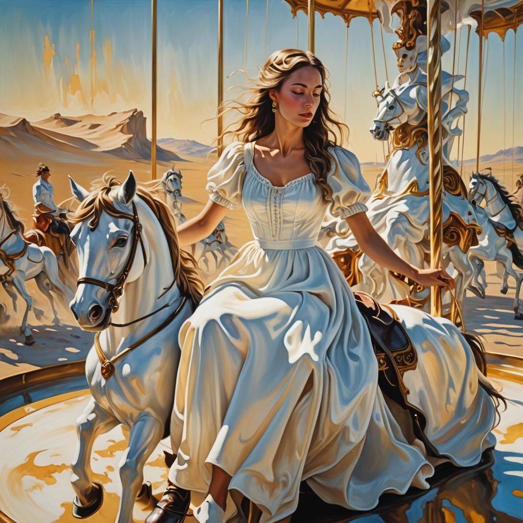 Surreal Woman on Melting Carousel Horse
