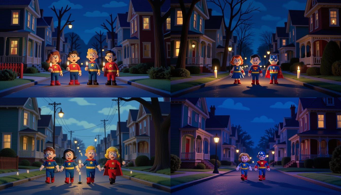 Claymation Kids in Superhero Costumes on Candlelit Street