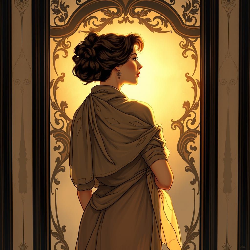 Elegant Woman in Mirror Art Nouveau Style