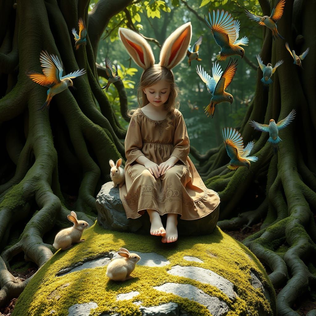 Whimsical Girl with Rabbit Ears in Enchanted Forest