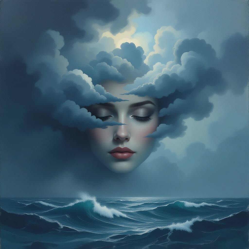 Face Merging Into Storm Clouds Over Turbulent Sea