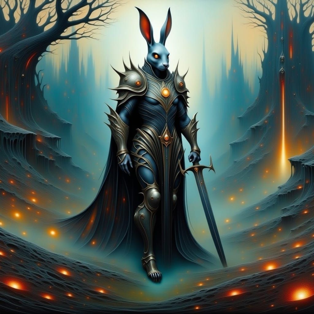 Rabbit Warrior in Mystical Landscape, Digital Art