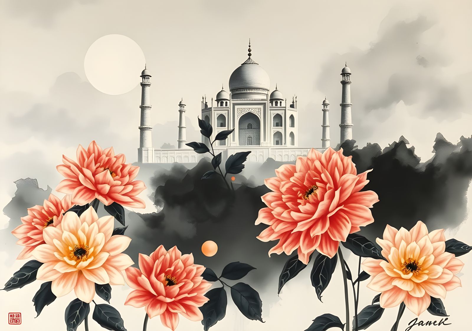 ABSTRACT Chrysanthemums🪷; AROUND MOONLIT Taj Mahal 🌙🌌; Chinese Ink Wash; Wet Washed; Maria Raczynska; Qi Baishi; Yosh...