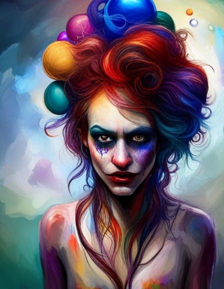 Sad Clown Girl with Balloons in Dark Fantasy Style