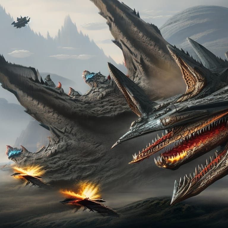 A Flash Gordon style spaceship with huge dragon wings flying...