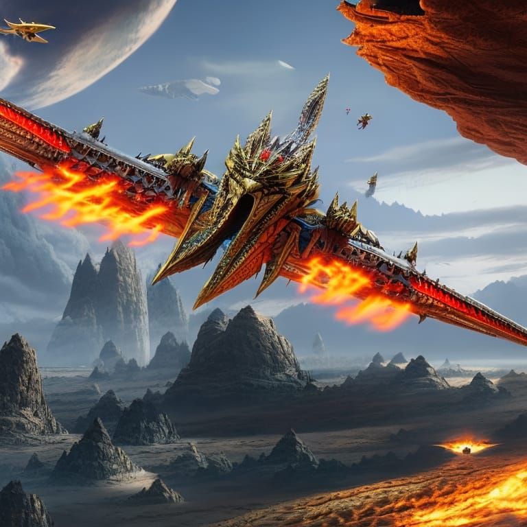 A Flash Gordon style spaceship with huge dragon wings flying...