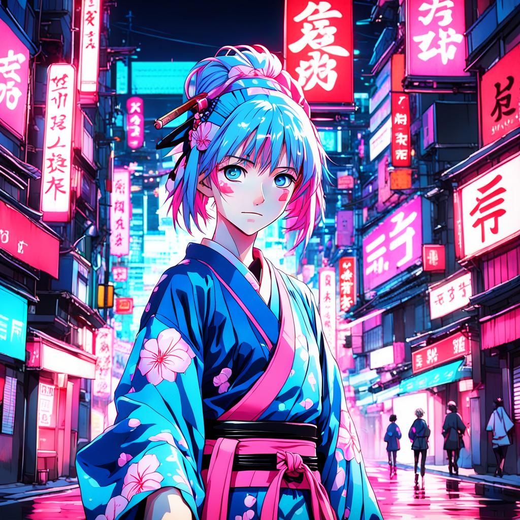 Neon Tokyo Girl with Sword in Anime Style