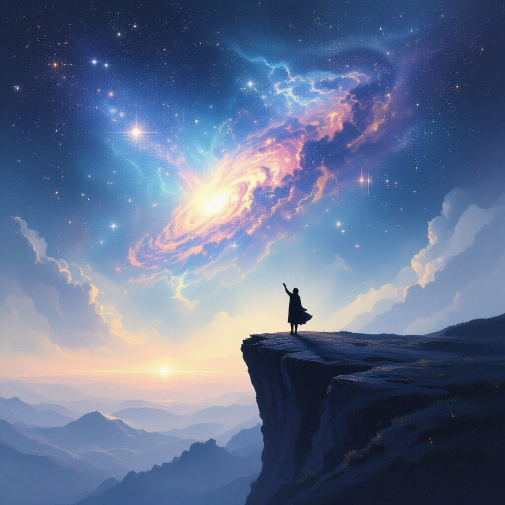 Figure Reaches for Nebula on Cliff Edge in Surreal Style
