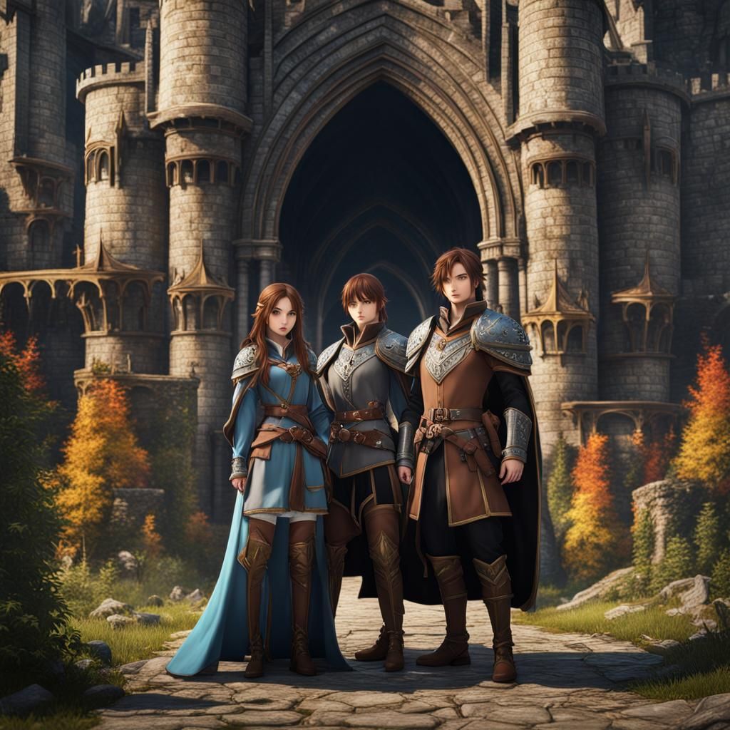Anime Twins at Medieval Castle, Detailed Matte Painting