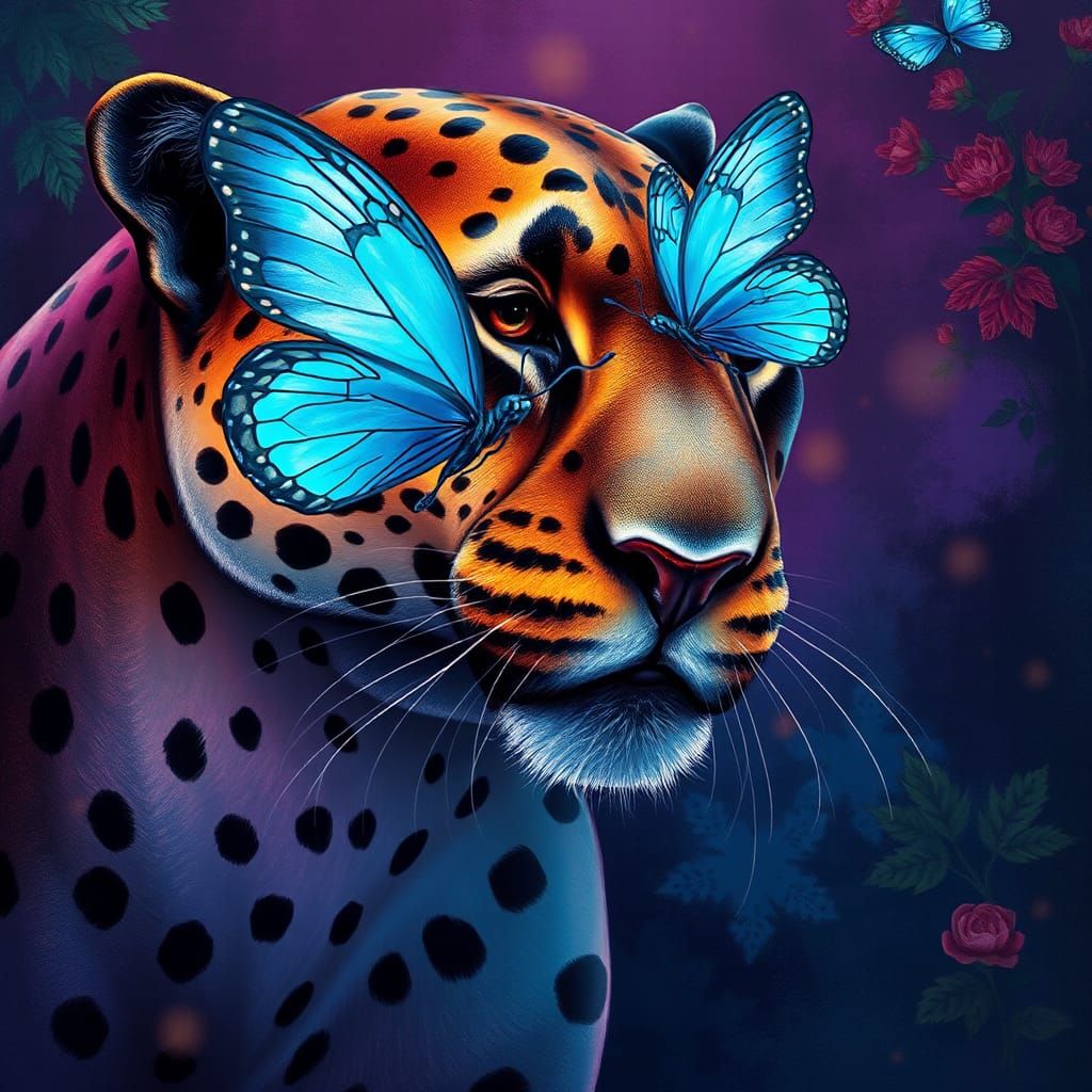 Panther Gazes at Butterfly in Dreamlike World