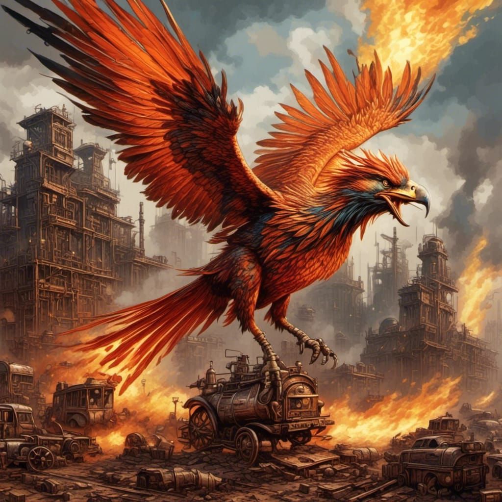 Dieselpunk Phoenix Rising From Ashes