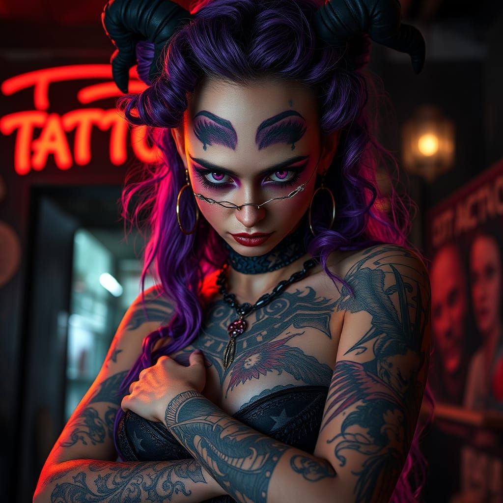 Goth Witch with Tattoos in Tattoo Parlor