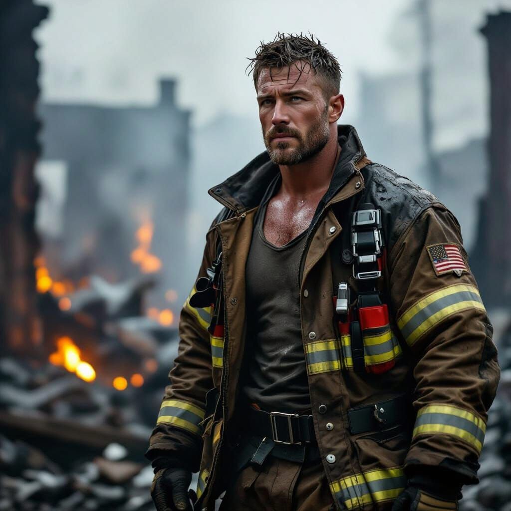 Muscular Fireman in Smoky Ruins with Cinematic Lighting